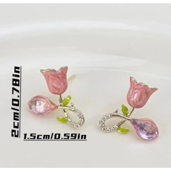 Pink Enamel Tulip Flower Stud Earrings Rhinestones Women - Picture 8 of 8